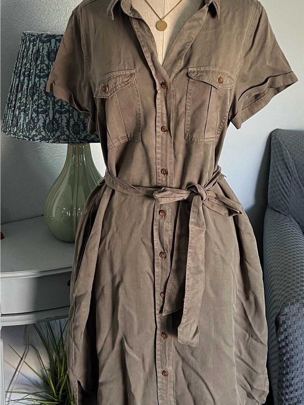 Short-Sleeve Button-Front Midi Shirt Dress in Taupe with Self-Tie Waist